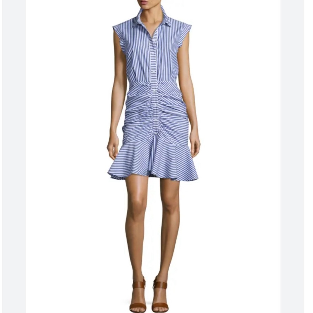 Veronica Beard Blue/White Striped Sleeveless Striped Flounce Dress - Picture 3 of 10
